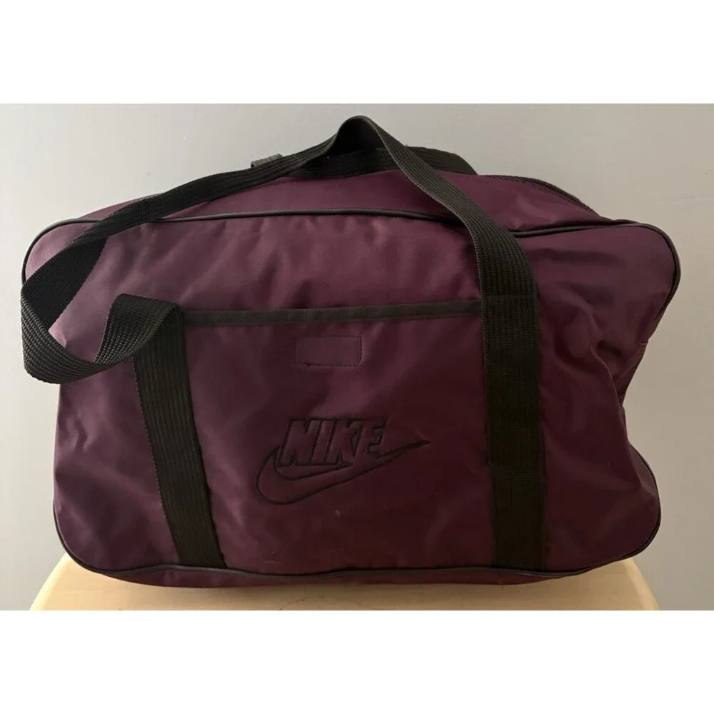 Vintage 80s 90s NIKE Duffel Bag Deep Purple Spellout Big Check Workout Retro
